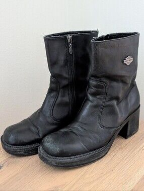 Vintage Harley-Davidson Leather Harness Chunky Heel Mid-Calf Boot In Black - 10